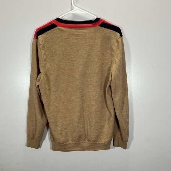 Marc Jacobs Women’s Tan Red Striped 100% Wool Button Front Cardigan Sweater - Picture 11 of 13